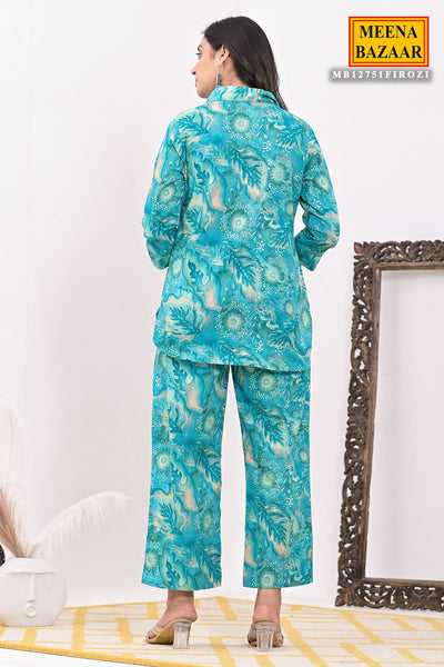 Firozi Cotton Floral Print Collared Top with Pants Co-ord Set