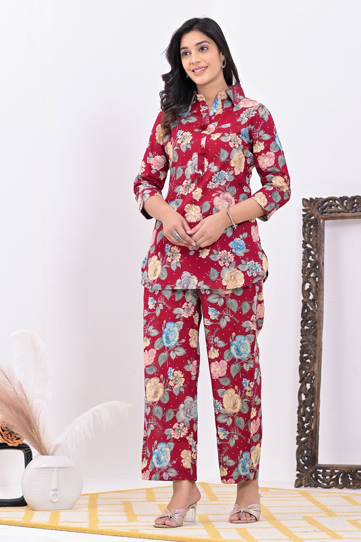 Maroon Cotton Floral Kurti Pant Co-ord Set with Shirt Collar