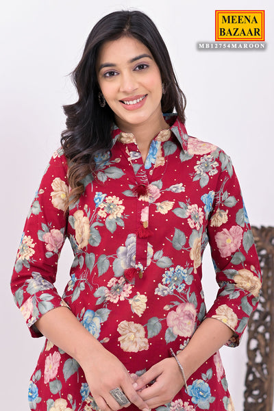 Maroon Cotton Floral Kurti Pant Co-ord Set with Shirt Collar