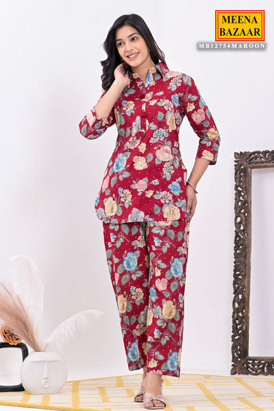 Maroon Cotton Floral Kurti Pant Co-ord Set with Shirt Collar