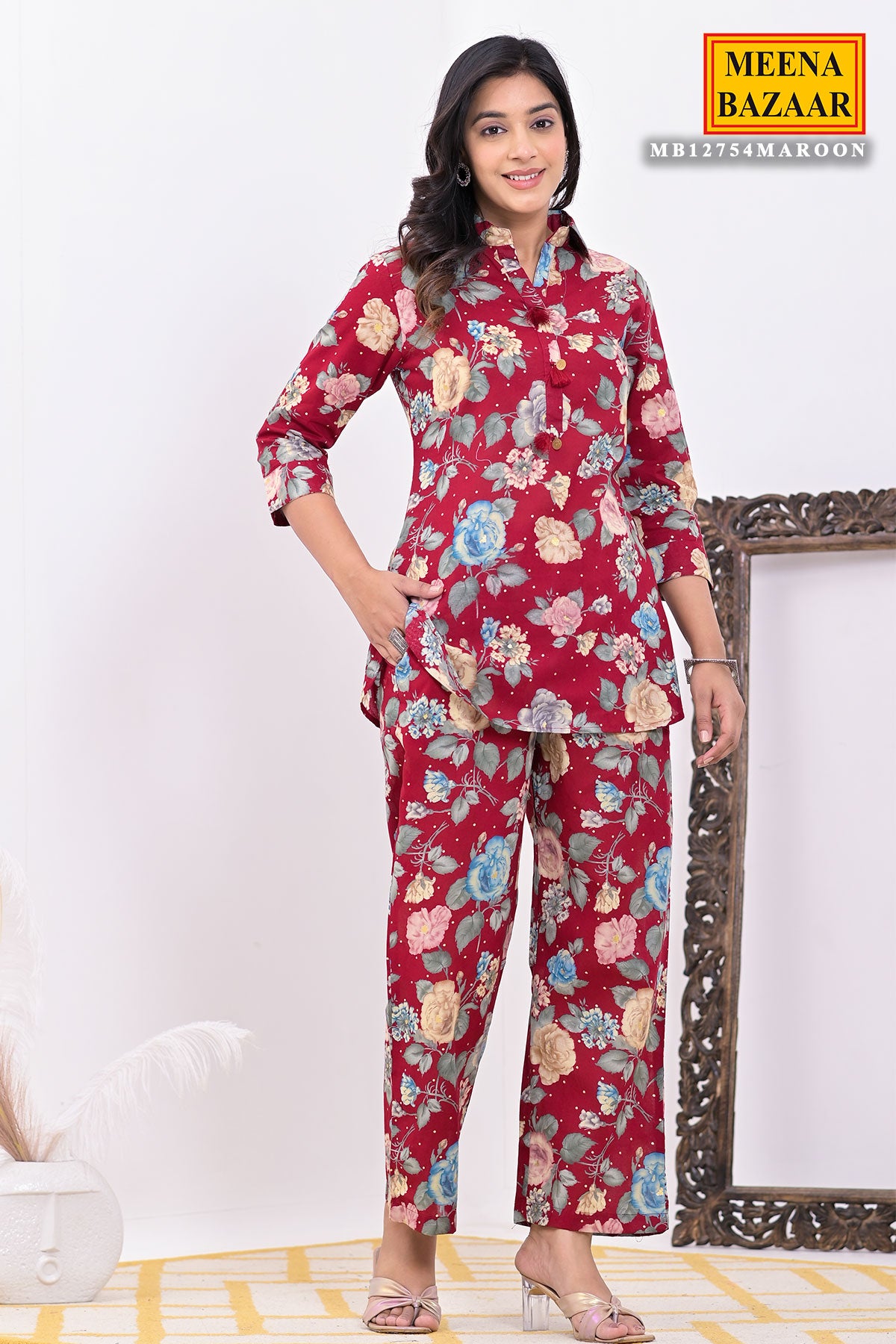 Maroon Cotton Floral Kurti Pant Co-ord Set with Shirt Collar