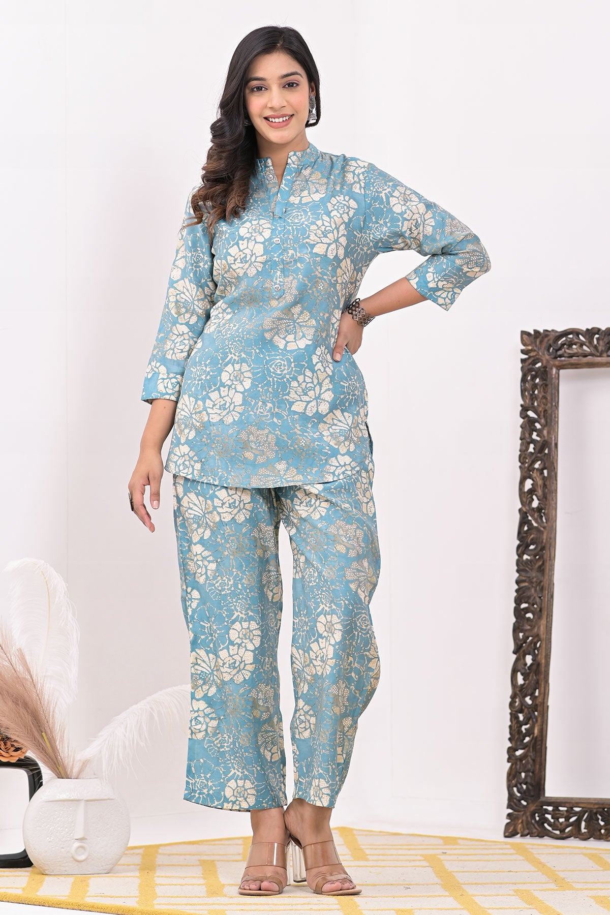 Blue Muslin Floral Printed Co-ord Set