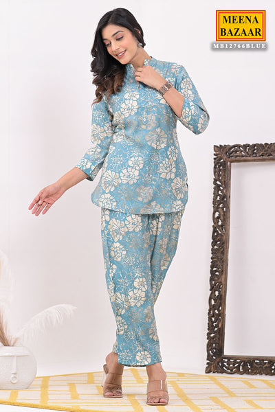 Blue Muslin Floral Printed Co-ord Set