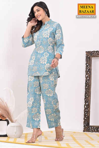 Blue Muslin Floral Printed Co-ord Set