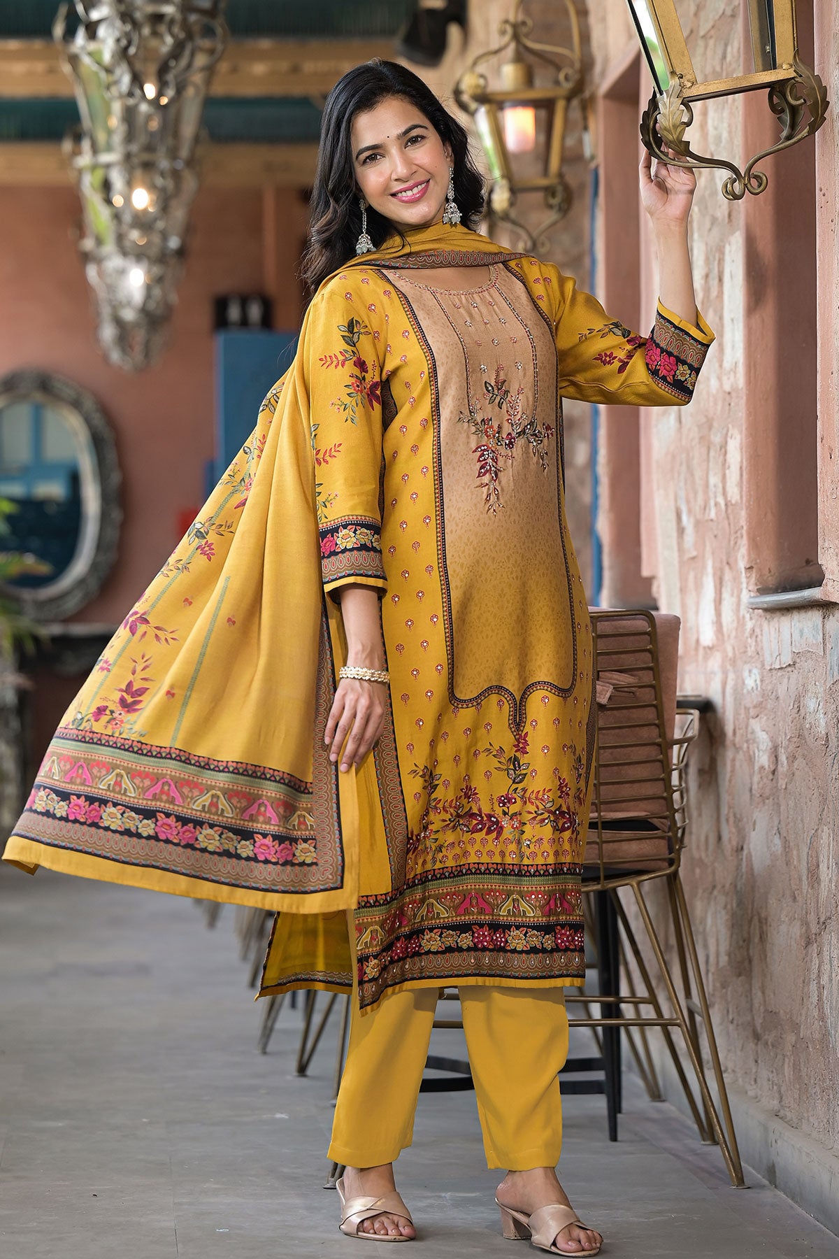 Mustard Muslin Printed Cut-Dana Embroidered Suit Set