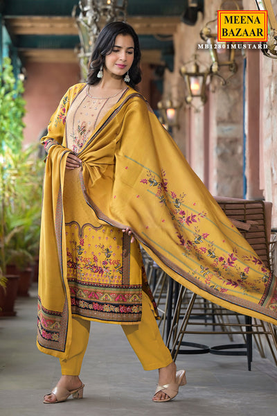 Mustard Muslin Printed Cut-Dana Embroidered Suit Set