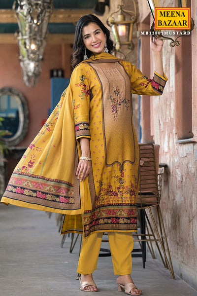 Mustard Muslin Printed Cut-Dana Embroidered Suit Set