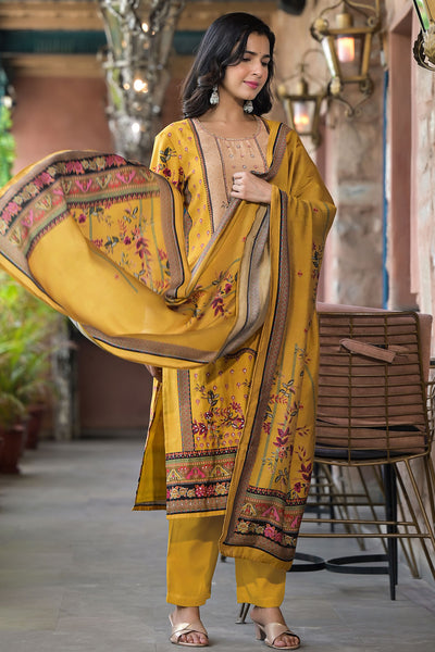 Mustard Muslin Printed Cut-Dana Embroidered Suit Set