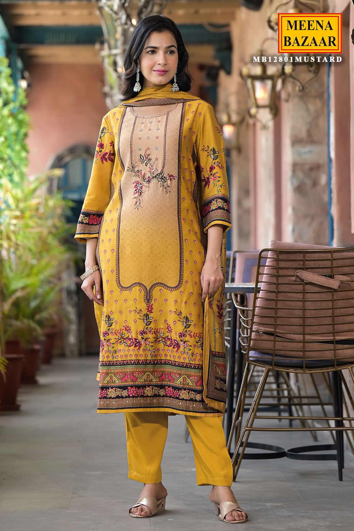 Mustard Muslin Printed Cut-Dana Embroidered Suit Set