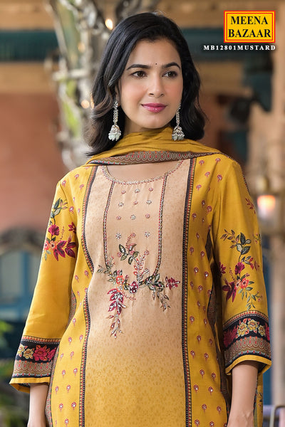 Mustard Muslin Printed Cut-Dana Embroidered Suit Set