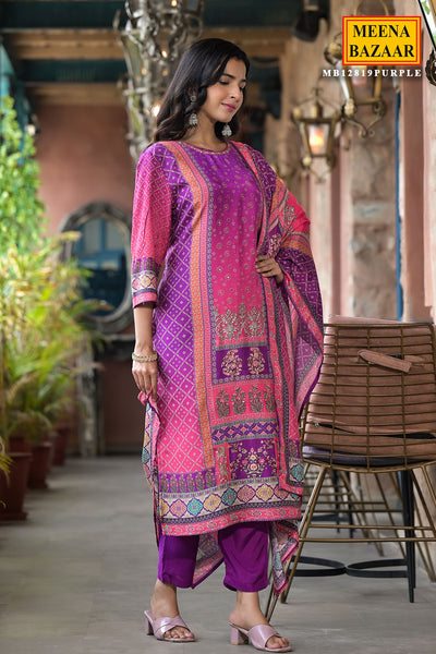 Purple Muslin Cotton Neck Embroidered Printed Suit Set