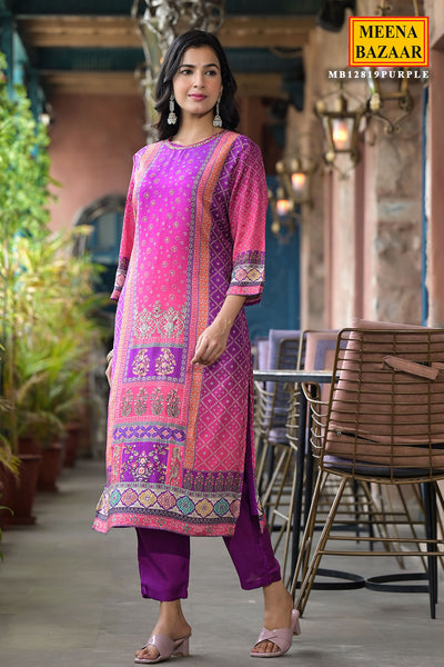 Purple Muslin Cotton Neck Embroidered Printed Suit Set