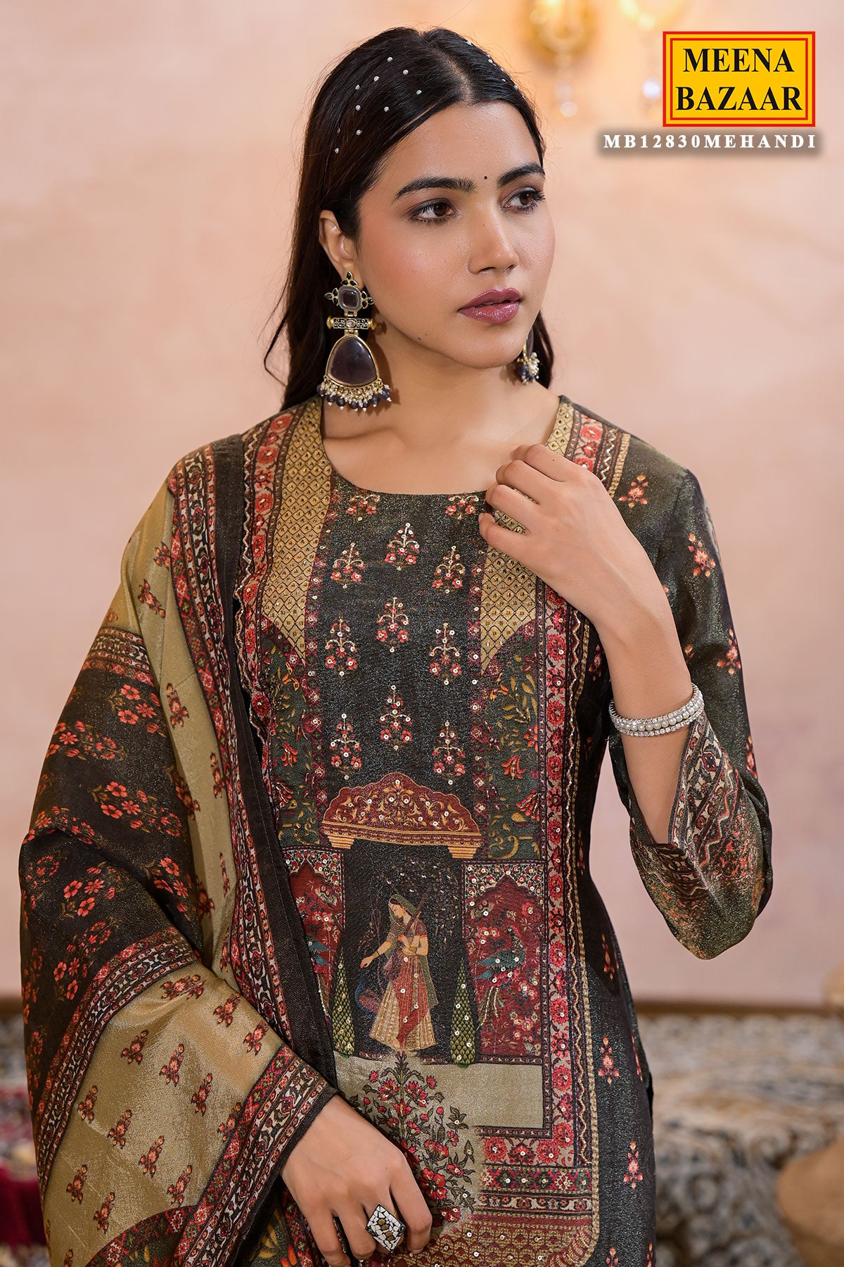 Mehandi Muslin Cotton Neck Embroidered Printed Suit Set