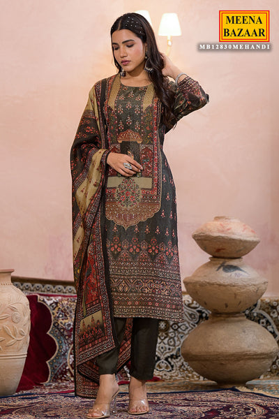 Mehandi Muslin Cotton Neck Embroidered Printed Suit Set