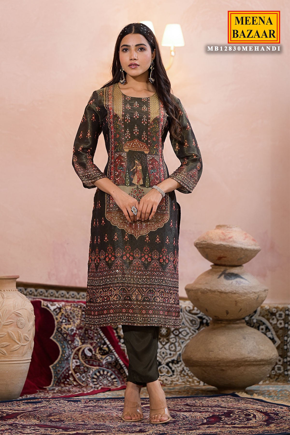 Mehandi Muslin Cotton Neck Embroidered Printed Suit Set