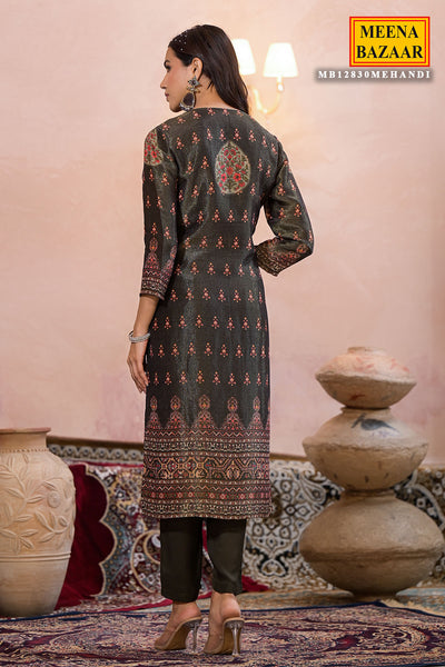 Mehandi Muslin Cotton Neck Embroidered Printed Suit Set