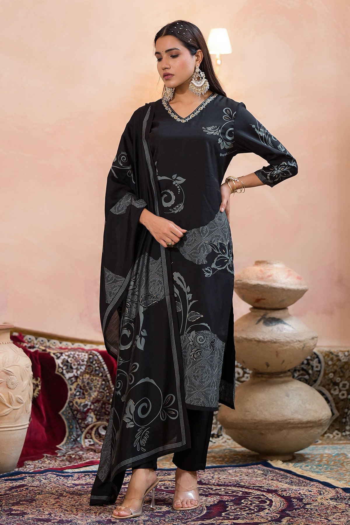 Black Muslin Printed Neck Embroidered Suit Set