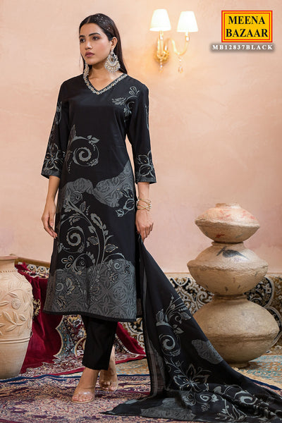 Black Muslin Printed Neck Embroidered Suit Set