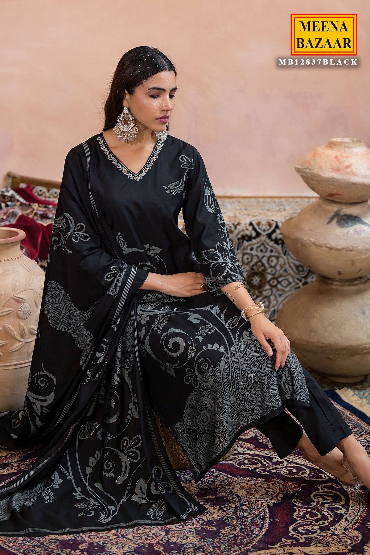 Black Muslin Printed Neck Embroidered Suit Set