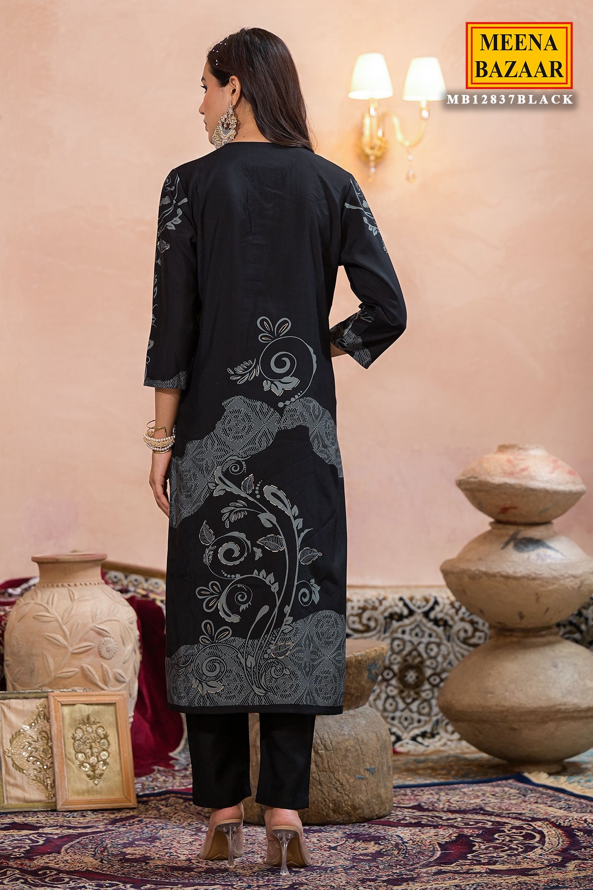 Black Muslin Printed Neck Embroidered Suit Set