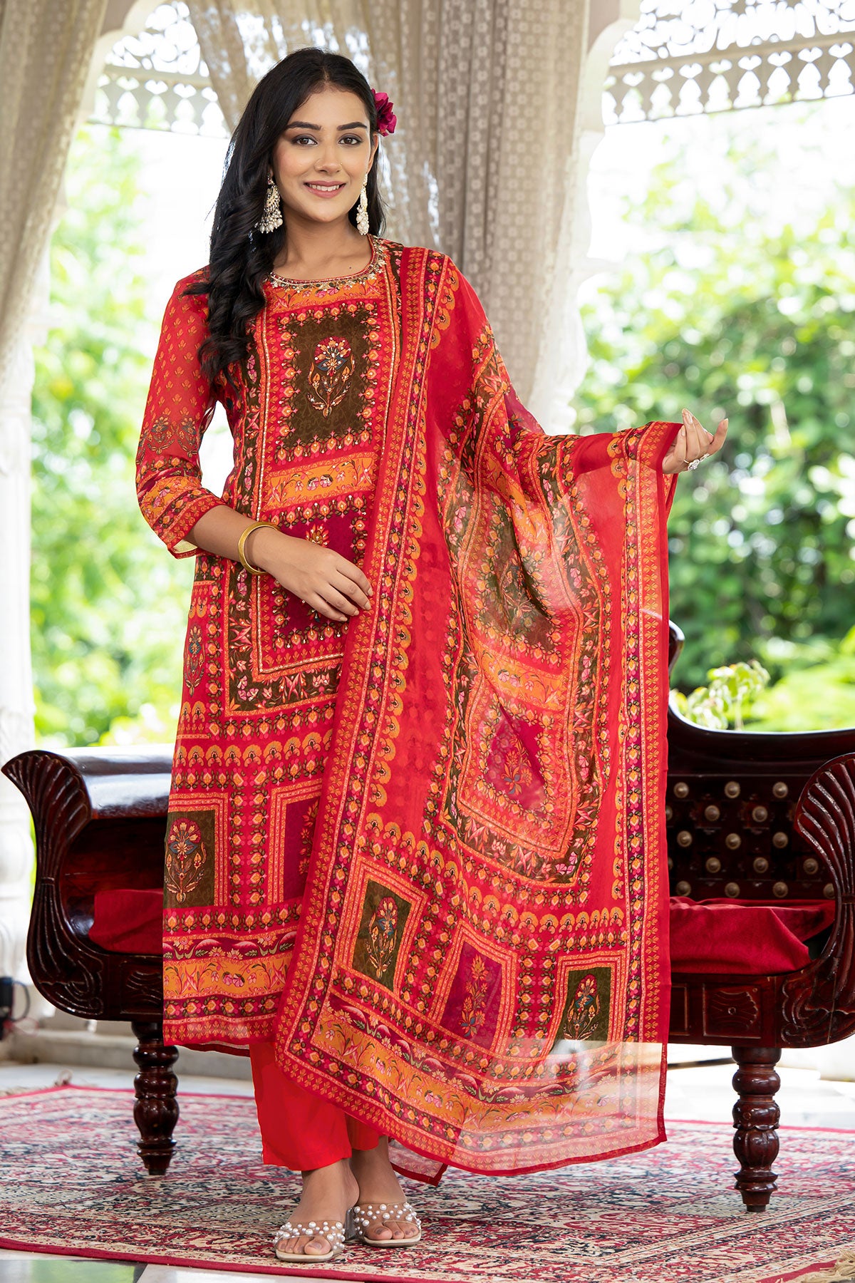 Red Cut-dana Neck Embroidered Printed Organza Suit Set