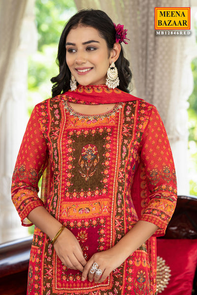 Red Cut-dana Neck Embroidered Printed Organza Suit Set