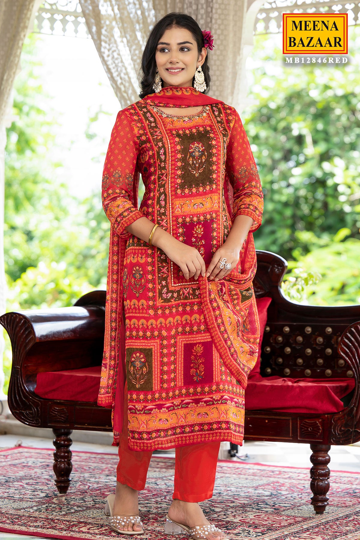 Red Cut-dana Neck Embroidered Printed Organza Suit Set