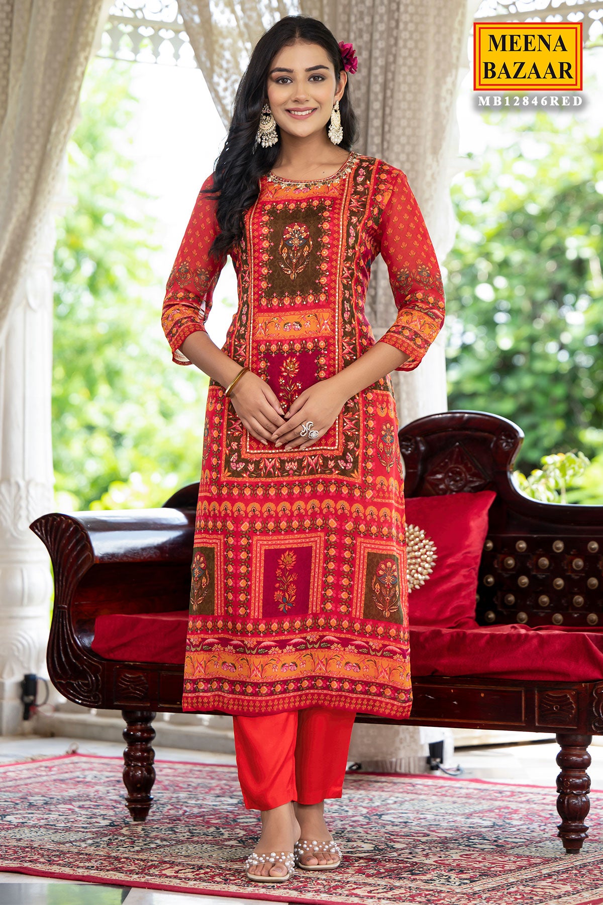 Red Cut-dana Neck Embroidered Printed Organza Suit Set