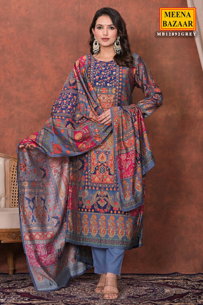 Grey Printed & Embroidered Muslin Kurta with Pant & Dupatta