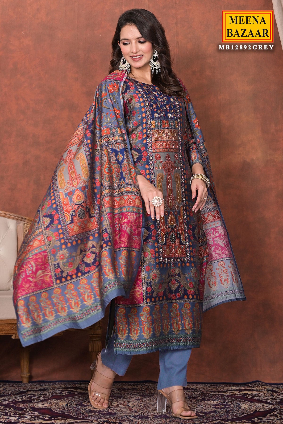 Grey Printed & Embroidered Muslin Kurta with Pant & Dupatta