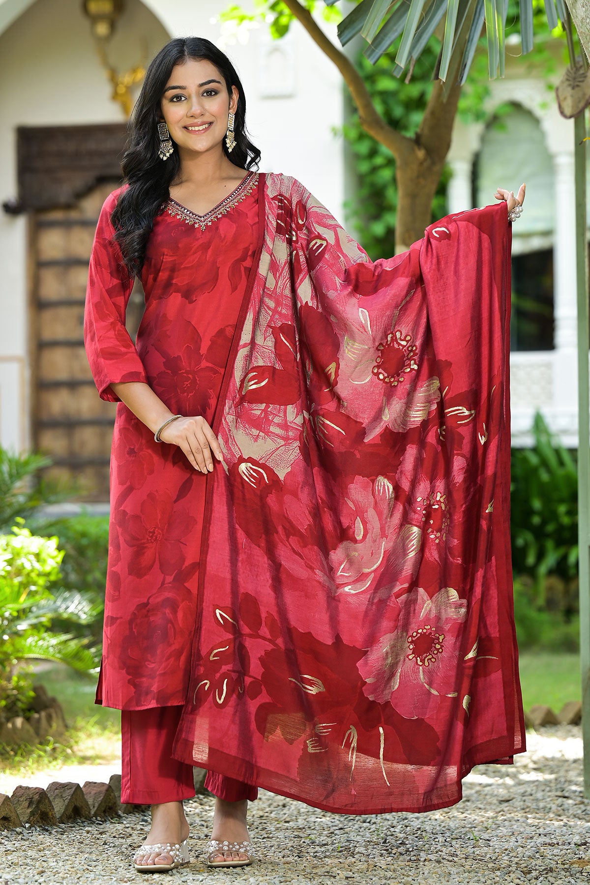 Maroon Muslin Printed Neck Embroidered Suit Set