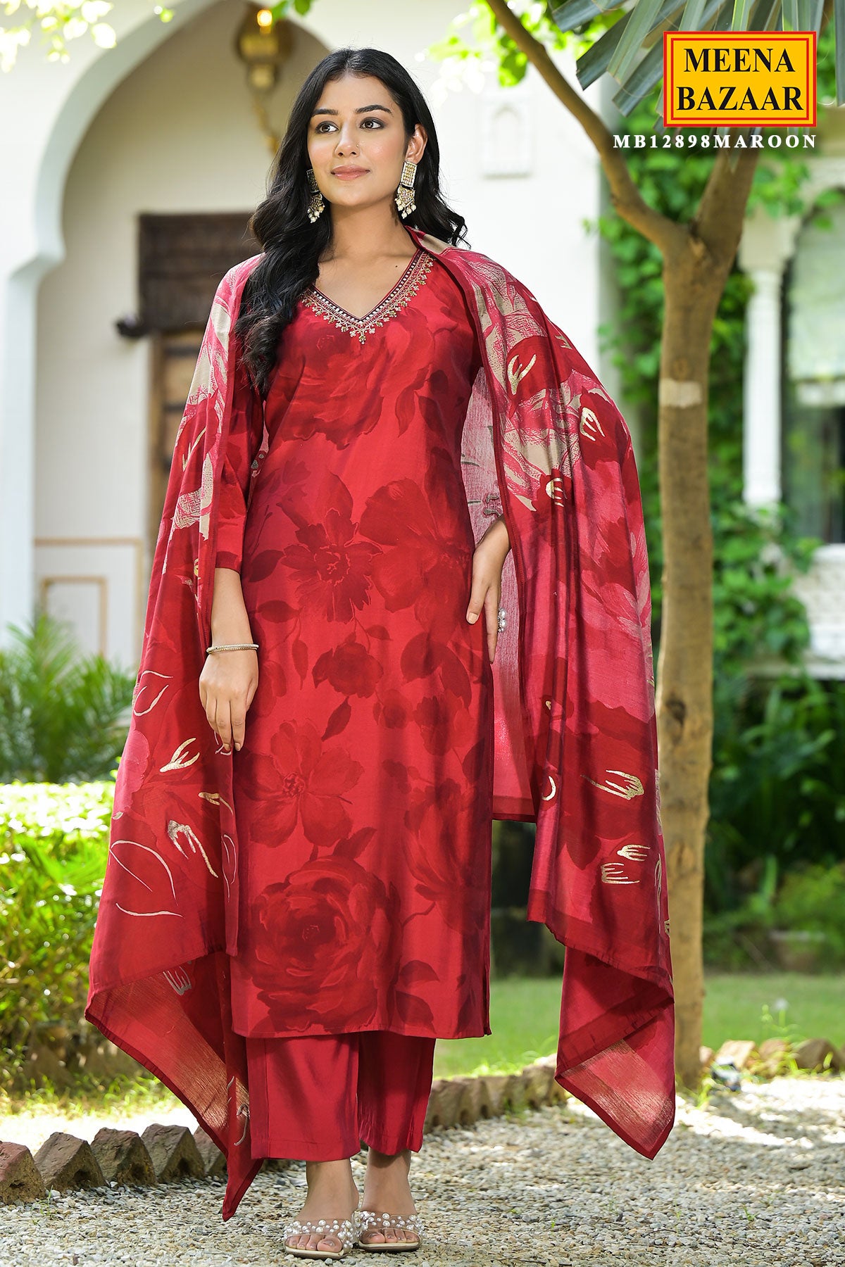 Maroon Muslin Printed Neck Embroidered Suit Set