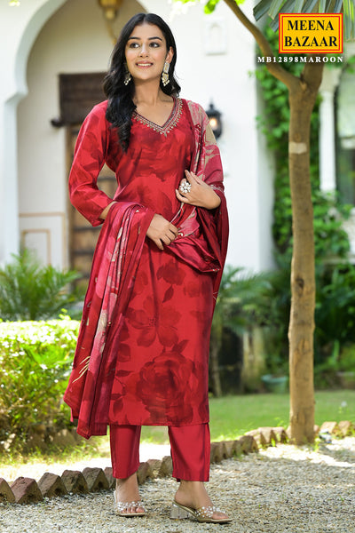 Maroon Muslin Printed Neck Embroidered Suit Set