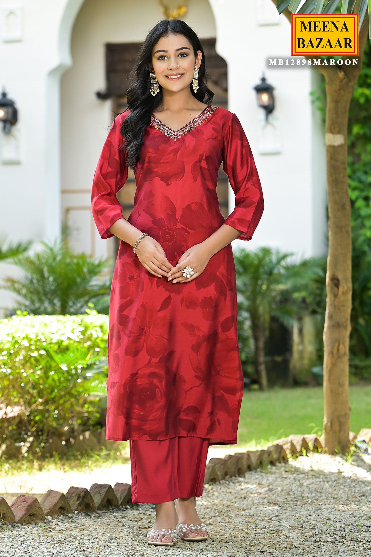 Maroon Muslin Printed Neck Embroidered Suit Set