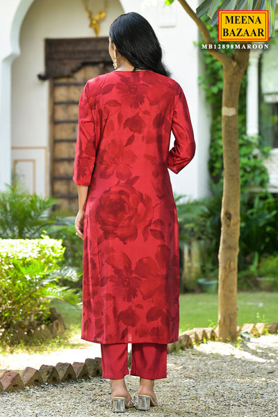 Maroon Muslin Printed Neck Embroidered Suit Set