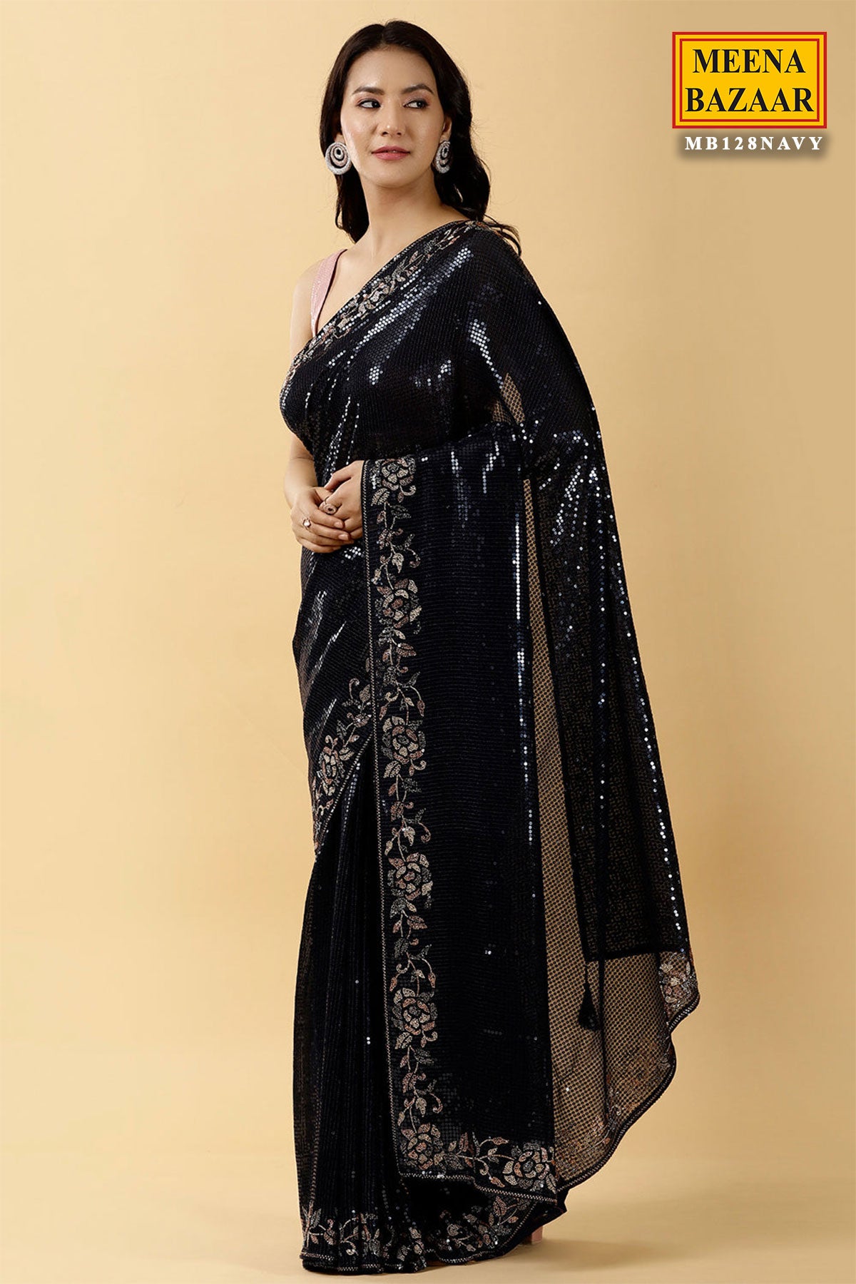 Navy Georgette Sequins Embroidered Saree