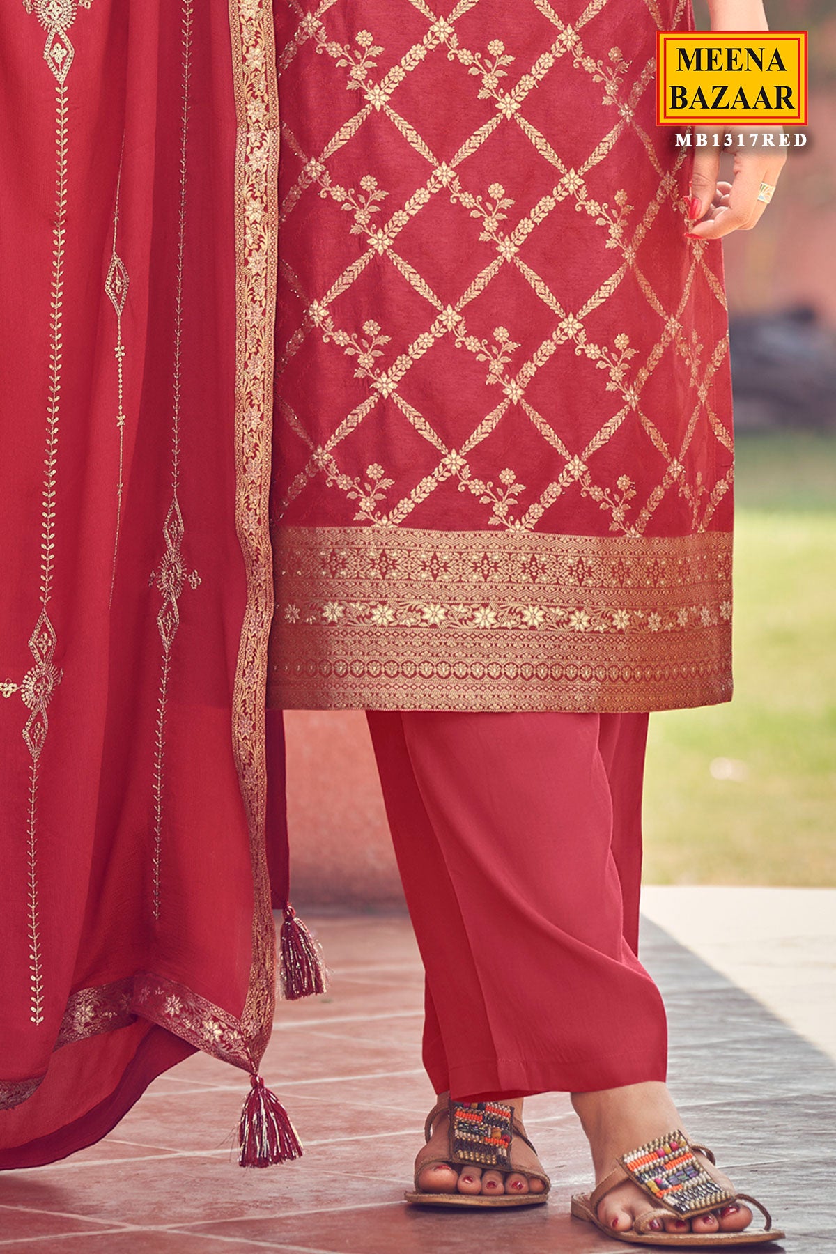 Red Modal Silk Zari Woven Kurti with Pant
