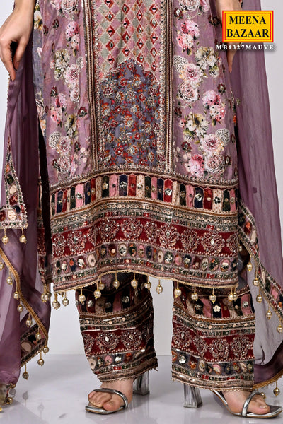 Mauve Crepe Printed Zari Sequin Embroidered Palazzo Suit Set