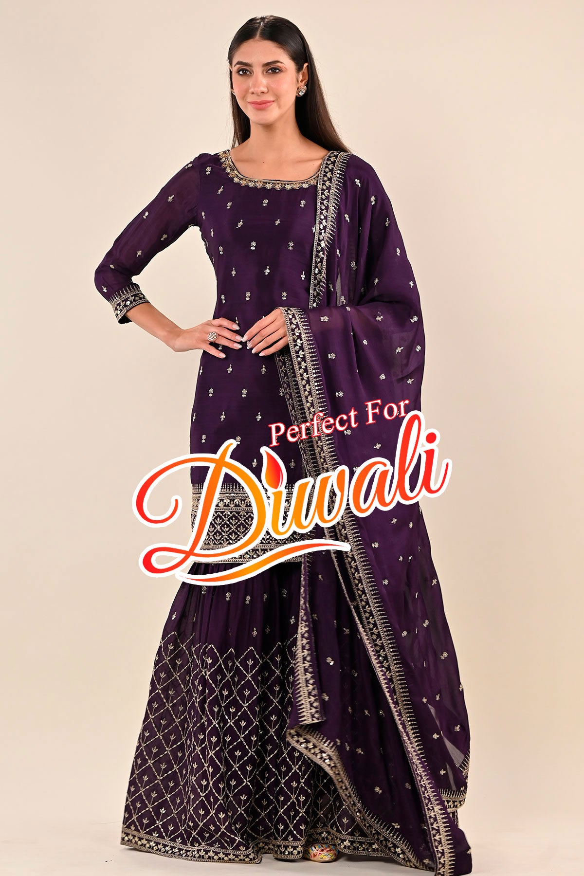 Purple Crepe Zari Embroidered Gharara suit