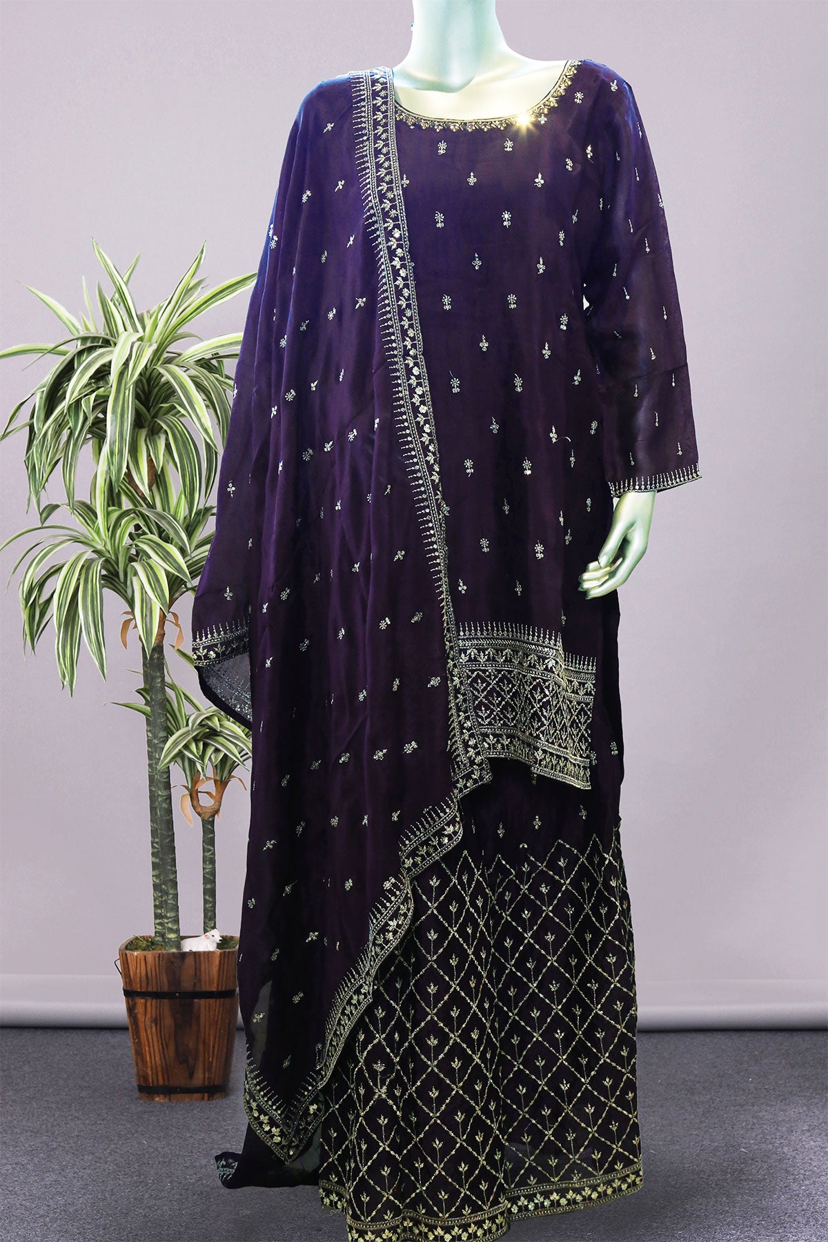 Purple Crepe Zari Embroidered Gharara suit