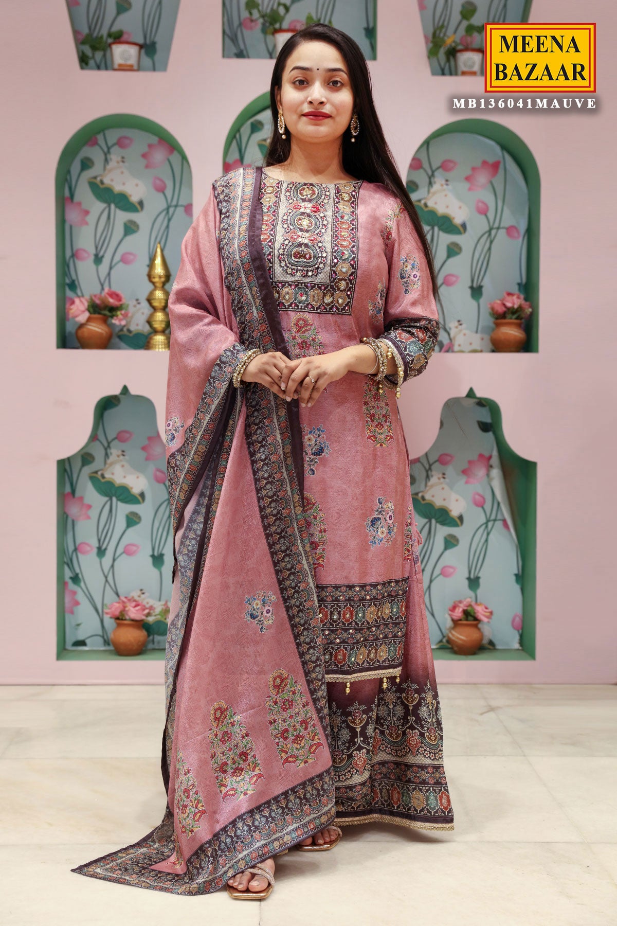 Mauve Crepe Ethnic Printed and Embroidered Straight Fit Kurta with Palazzo Pants