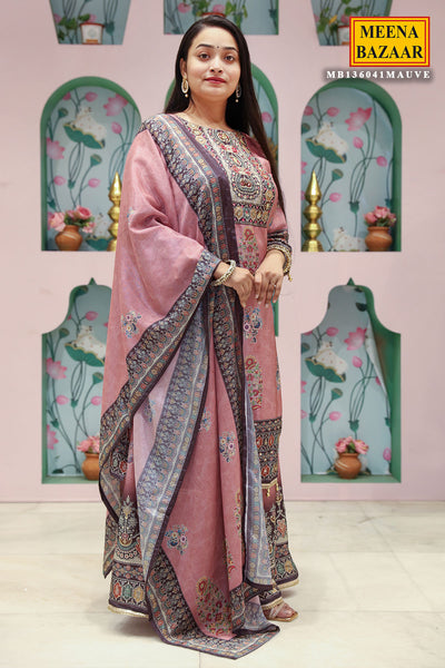 Mauve Crepe Ethnic Printed and Embroidered Straight Fit Kurta with Palazzo Pants