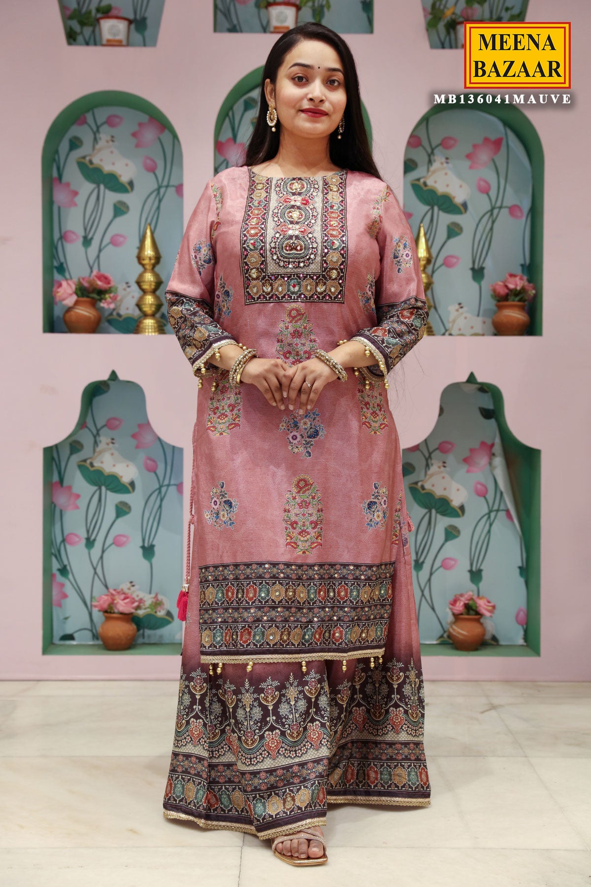 Mauve Crepe Ethnic Printed and Embroidered Straight Fit Kurta with Palazzo Pants