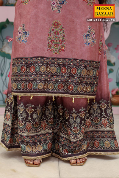 Mauve Crepe Ethnic Printed and Embroidered Straight Fit Kurta with Palazzo Pants