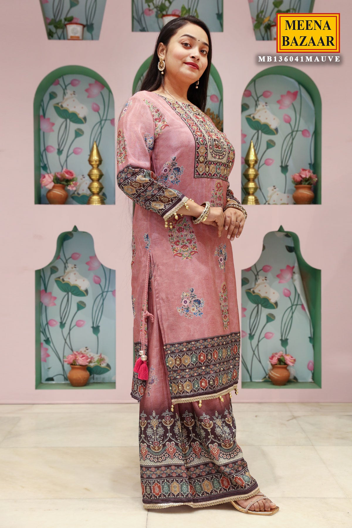 Mauve Crepe Ethnic Printed and Embroidered Straight Fit Kurta with Palazzo Pants