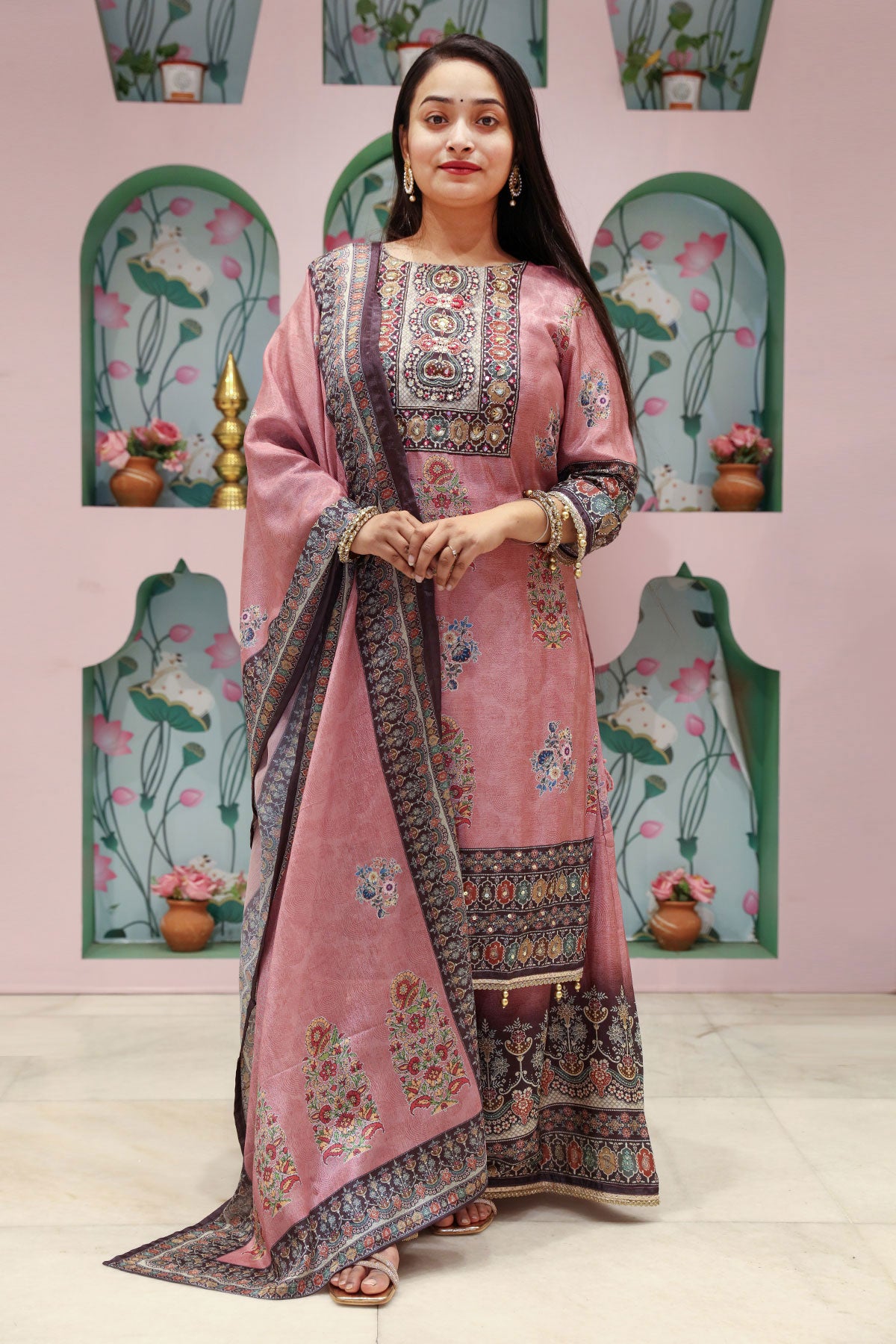 Mauve Crepe Ethnic Printed and Embroidered Straight Fit Kurta with Palazzo Pants