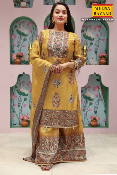 Mustard Crepe Ethnic Printed and Embroidered Straight Fit Kurta with Palazzo Pants