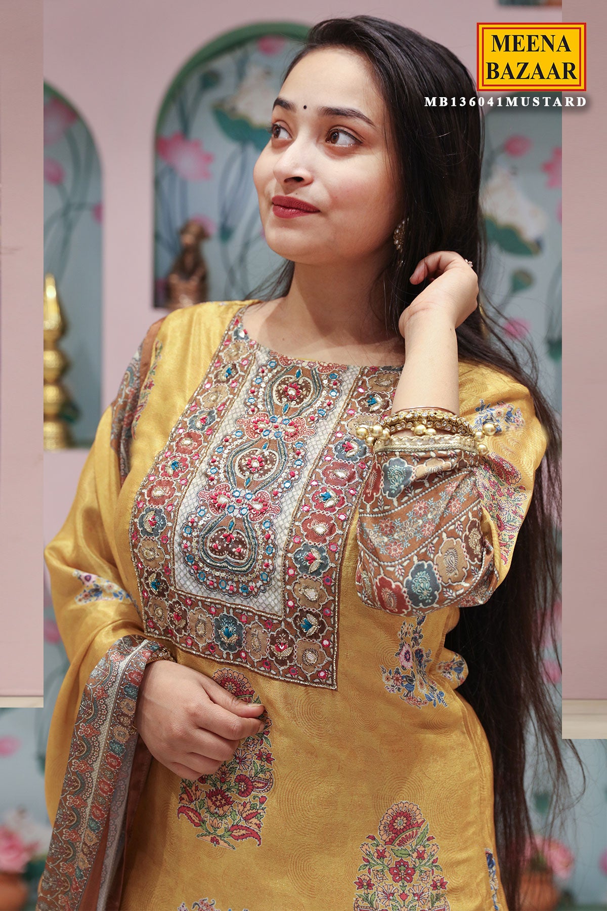 Mustard Crepe Ethnic Printed and Embroidered Straight Fit Kurta with Palazzo Pants