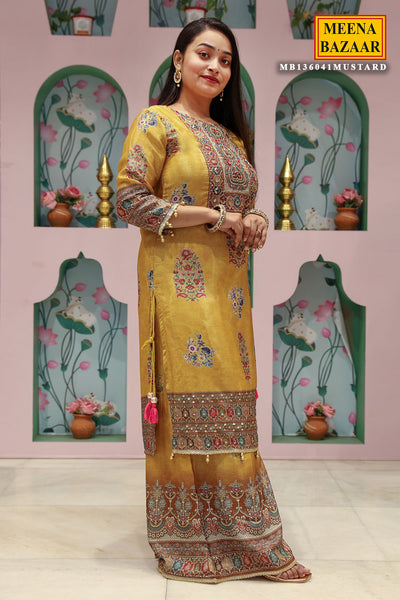 Mustard Crepe Ethnic Printed and Embroidered Straight Fit Kurta with Palazzo Pants