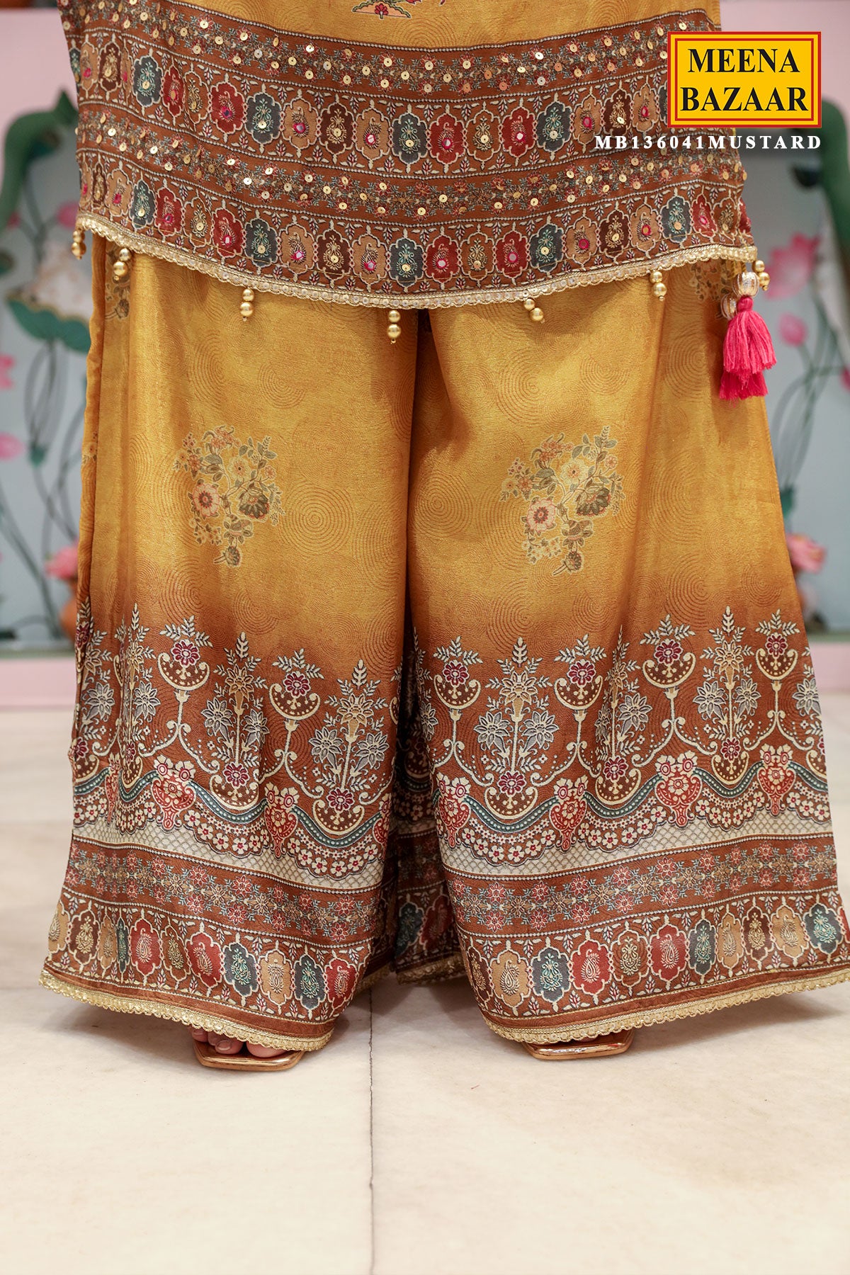 Mustard Crepe Ethnic Printed and Embroidered Straight Fit Kurta with Palazzo Pants